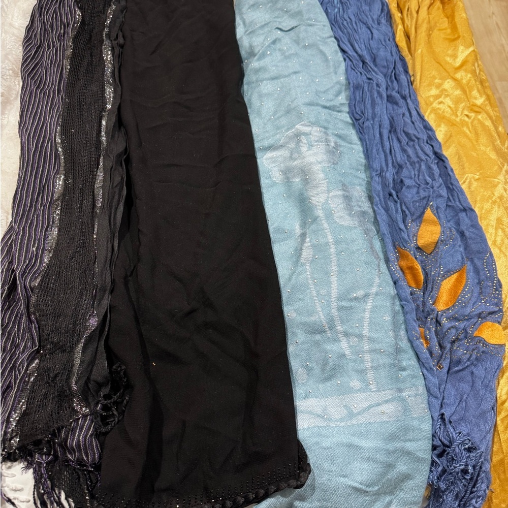 Assorted Lightweight Scarves - Black, Light Blue, Blue, Gold, Purple